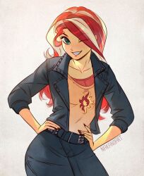  1girl alternate_skin_color animification artist_name black_skirt blonde_hair collarbone colored_skin commentary cutie_mark cutie_mark_print english_commentary green_eyes highres jacket leather leather_jacket long_hair multicolored_hair my_little_pony my_little_pony:_equestria_girls my_little_pony:_friendship_is_magic nana_nakano one_eye_closed orange_skin red_hair red_nails shirt skirt smile streaked_hair sunset_shimmer sunset_shimmer_(human) two-tone_hair wavy_hair 