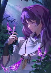  1boy against_tree armor bishounen blunt_ends bright_pupils bush clothing_cutout creature_on_hand crystalfly_(genshin_impact) curled_fingers eyelashes eyeliner feathers fingernails genshin_impact hand_up highres japanese_armor japanese_clothes kariginu kote kurokote layered_sleeves long_sleeves looking_at_creature makeup male_focus mandarin_collar moonlight night outdoors parted_lips pom_pom_(clothes) purple_hair purple_sleeves purple_veil red_eyeliner scaramouche_(genshin_impact) scaramouche_(kabukimono)_(genshin_impact) see-through_clothes see-through_veil shoulder_cutout solo string tree tsurime upper_body veil violet_eyes watermark white_mouth white_pupils white_sleeves wispy_bangs wolf_cut yellow_feathers yeonho_(l_yh) 