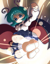  1girl absurdres antennae attacking_viewer black_cape blue_eyes blue_shorts brown_shoes cape clenched_hand closed_mouth collared_shirt commentary_request flying_kick frown full_body glowing_feet green_hair highres hutae_no_kym kicking kicking_viewer long_sleeves looking_at_viewer red_cape shaded_face shirt shoes short_hair shorts socks solo touhou two-sided_cape two-sided_fabric white_shirt white_socks wriggle_nightbug 