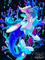 1girl absurdres artist_name blue_tail closed_eyes colored_eyelashes commentary_request coral eyelashes fangs fish furry furry_female gem hair_ornament hat highres korean_commentary long_hair luvdisc mulyongyone no_humans pearl pokemon pokemon_(creature) pokemon_focus primarina smile starfish_hair_ornament tail white_eyelashes