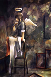  1girl absurdres angel_wings black_hair blunt_bangs cigarette denim denim_jacket faux_traditional_media haibane_renmei hair_over_eyes halo highres hoshiki_miko jacket long_hair looking_at_object on_stool paint_palette paintbrush painting_(action) painting_(object) reki_(haibane_renmei) sitting sleeves_rolled_up smoking solo stool white_blanket wings 