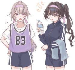  2girls alternate_costume alternate_hairstyle aqua_eyes black_jacket black_shorts bottle breasts brown_hair cowboy_shot facing_viewer funafu hairband hand_on_own_hip herta_(honkai:_star_rail) holding holding_bottle holding_towel honkai:_star_rail honkai_(series) jacket jersey long_hair long_sleeves looking_at_another medium_breasts multicolored_hair multiple_girls notice_lines open_mouth pink_hairband ponytail purple_shirt ruan_mei_(honkai:_star_rail) shirt short_sleeves shorts simple_background streaked_hair t-shirt the_herta_(honkai:_star_rail) towel track_jacket very_long_hair violet_eyes water_bottle white_background white_shirt 