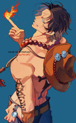  1boy arm_tattoo black_hair blue_background bracelet commentary elbow_pads fire freckles highres jewelry log_pose looking_back male_focus necklace one_piece orange_hair paruma_umu pearl_necklace portgas_d._ace sash short_hair simple_background single_elbow_pad smile solo tattoo topless_male untranslatable_commentary 