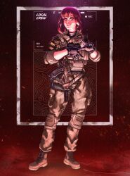  1girl absurdres battery_indicator black_background blood boots chainsaw_man fyugins_png gloves gradient_background gun highres knee_pads makima_(chainsaw_man) military military_uniform orange_eyes red_background red_hair russo-ukrainian_war smile solo standing wagner_group weapon weapon_request 