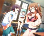  3girls aorio aqua_hair artist_request black_bra black_panties blue_eyes blue_panties bra breasts brown_hair cleavage dressing game_cg green_hair highres juice_box lace-trimmed_bra lace-trimmed_panties matsuzawa_yuka mikimoto_sarasa moo_do_dan multiple_girls ooki_haruka panties pink_bra pink_panties ponytail purple_hair school_uniform short_hair skirt_down skirt_removed socks source_request underwear undressing yellow_eyes 