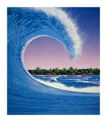  beach blue_sky border bush clear_sky commentary english_commentary gradient_sky highres hiroshi_nagai no_humans ocean original outdoors sky third-party_source traditional_media water waves white_border 
