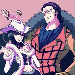  1boy 1girl ascot black_hair coat commentary_request crocodile_(one_piece) fur-trimmed_coat fur_trim hair_slicked_back hat highres jewelry looking_at_viewer midriff navel nico_robin one_piece orange_vest ring shiroh1000be simple_background smile stitched_face stitches vest white_coat white_hat 