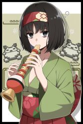  1girl absurdres bags_under_eyes black_border black_hair border breasts commentary_request erika_(pokemon) flute green_kimono grey_eyes hairband hakama highres holding holding_flute holding_instrument instrument japanese_clothes kimono long_sleeves looking_at_viewer playing_flute playing_instrument poke_ball_symbol poke_flute pokemon pokemon:_let's_go_pikachu!_and_let's_go_eevee! pokemon_(creature) red_hairband red_hakama shabana_may short_hair skirt snorlax squeans 