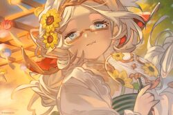  1girl blue_eyes commentary_request flower glasses granblue_fantasy hair_flower hair_ornament hairband hand_fan harvin long_hair official_art orange-framed_eyewear paper_fan semi-rimless_eyewear smile solo uchiwa upper_body white_hair zahlhamelina zahlhamelina_(summer)_(granblue_fantasy) 