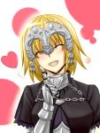  :d armor blonde_hair blush closed_eyes eyes_closed fate/apocrypha fate_(series) finger_to_face gauntlets headpiece heart ikinokorubatu jeanne_d&#039;arc_(fate/apocrypha) jeanne_d'arc_(fate/apocrypha) open_mouth ruler_(fate/apocrypha) smile solo 