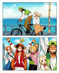  2girls 4boys alternate_costume arms_up backpack bag baseball_cap bicycle black_hair blonde_hair blue_shirt blue_sky brown_pants brown_skirt cardigan clouds cloudy_sky commentary english_commentary from_side green_hair green_hat green_jacket grin haramaki hat highres hood hoodie jacket jewelry kaya_(one_piece) ki2ri5 long_hair long_nose long_sleeves monkey_d._luffy motion_lines multiple_boys multiple_girls nami_(one_piece) necklace notice_lines ocean on_bicycle one_piece open_mouth orange_hair outdoors pants pink_shirt red_hoodie riding riding_bicycle roronoa_zoro sanji_(one_piece) scar scar_on_cheek scar_on_face shirt short_hair skirt sky smile straw_hat straw_hat_pirates twitter_username usopp white_cardigan 