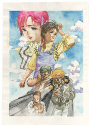  1990s_(style) 2girls 3boys adjusting_eyewear arm_up black_cape black_eyes black_jacket black_shirt blonde_hair blue_eyes blue_overalls blue_sky border brown_eyes brown_hair brown_shirt brown_vest cape closed_mouth clouds crossed_arms crying crying_with_eyes_open facial_hair goggles goggles_on_head green_hat hair_bun hand_on_eyewear hat highres holding holding_wrench jacket mannings mikimoto_haruhiko multiple_boys multiple_girls mustache newsboy_cap official_art open_clothes open_vest orguss orguss_02 overalls painting_(medium) pants parted_lips pink_hair retro_artstyle riin_(orguss_02) shirt short_hair sill_(orguss_02) sky sleeves_rolled_up smile standing tears third-party_source toria_(orguss_02) traditional_media turning_head vest white_border white_pants white_shirt wrench yellow_shirt zante_(orguss_02) 