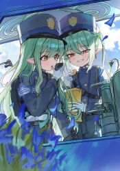  2girls absurdres blue_archive blush chips_(food) food green_hair halo hat highres hikari_(blue_archive) long_hair multiple_girls nozomi_(blue_archive) pointy_ears rosu_1109 smug standing train_conductor 