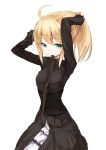  adjusting_hair ahoge blonde_hair character_request corset cosplay dress fate/stay_night fate_(series) green_eyes maeda_risou mouth_hold saber saber_alter saber_alter_(cosplay) solo 