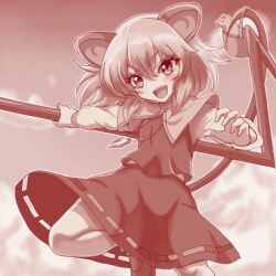  1girl :d animal_ears basket blush capelet commentary dowsing_rod holding holding_with_tail jewelry leg_up long_sleeves looking_at_viewer lowres medium_hair monochrome mouse_(animal) mouse_ears mouse_girl mouse_tail nazrin necklace necoyngwie open_mouth pendant prehensile_tail red_theme shirt shoes skirt smile solo tail touhou vest 