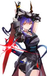  1girl absurdres arknights arms_up black_dress black_shorts black_sleeves blue_tail brown_horns ch'en_(arknights) ch'en_the_dawnstreak_(arknights) closed_mouth commentary cowboy_shot detached_sleeves dress fingerless_gloves gloves highres holding holding_sword holding_weapon horns long_hair magic orange_eyes purple_hair shorts simple_background sleeveless sleeveless_dress solo standing sword tail untranslatable_commentary waqpacc weapon white_background white_gloves 