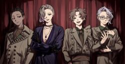  4boys 79yo_uguisu :d ace_trappola ace_trappola_(luxe_couture) ahoge androgynous arms_at_sides asymmetrical_hair asymmetrical_jacket azul_ashengrotto azul_ashengrotto_(luxe_couture) bishounen black_gloves blonde_hair brown_eyes brown_hair brown_jacket brown_shirt buttons cocked_eyebrow collarbone collared_shirt commentary_request contrast_lapels cornrows crossed_arms curtained_hair curtains dark-skinned_female dark_skin double-breasted eyeshadow fingernails gloves gold_choker gradient_hair green_shirt grey_hair hair_over_one_eye hand_on_own_arm hand_on_own_chest hand_up highres indoors jacket jamil_viper jamil_viper_(luxe_couture) jewelry lapels light_smile lineup long_bangs long_hair looking_at_viewer loose_necktie makeup male_focus mole mole_under_mouth multicolored_hair multiple_boys narrowed_eyes necklace necktie orange_eyeshadow pale_skin parted_bangs partially_unbuttoned purple_jacket raised_eyebrows raised_inner_eyebrows red_necktie shaftlands'_tapis_rouge shiny_lips shirt short_hair smile smirk spotlight studded_jacket studs twisted_wonderland vil_schoenheit vil_schoenheit_(luxe_couture) wide_sleeves wingtip_collar yellow-framed_eyewear 
