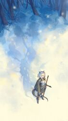  1girl absurdres aiguillette arknights black_boots black_cape black_eyes black_horns black_jacket black_skirt black_socks black_tail boots cape chinese_commentary closed_mouth commentary_request day from_above grey_hair hair_intakes highres horns jacket kneehighs long_hair long_sleeves outdoors plant qianxiaxiale skirt snow socks solo standing sword tail talulah_(arknights) talulah_the_fighter_(arknights) tree weapon white_jacket wide_shot 