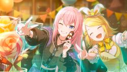  2girls :d ;d animal-themed_food black_jacket black_shirt blonde_hair blue_gem blue_nails blurry bokeh bow bowtie bracelet breasts brown_hat candy chocolate_syrup collarbone_peek collared_shirt colorful_palette cropped_shirt depth_of_field dot_nose earrings fingernails food frilled_sleeves frills game_asset gem grin hair_ornament happy hat highres holding holding_food jacket jewelry kagamine_rin light_blush light_particles lips lollipop long_hair marshmallow megurine_luka midriff_peek mix_&amp;_make_party_time!!_(project_sekai) multiple_girls official_art one_eye_closed open_clothes open_jacket open_mouth pendant pendant_choker pink_hair project_sekai puffy_short_sleeves puffy_sleeves ring shirt short_hair short_sleeves small_breasts smile sparkle star_(symbol) star_earrings star_hair_ornament swirl_lollipop syrup third-party_source tongue triangle upper_body v vest violet_eyes vivid_bad_squad_luka vocaloid white_shirt wonderlands_x_showtime_rin yellow_bow yellow_bowtie yellow_nails yellow_vest 
