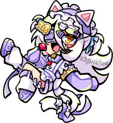  1girl :d animal_ear_hairband animal_ears apron candy cat_ear_hairband cat_ears chibi crocs cube eyepatch fake_animal_ears food grey_hair hair_between_eyes hair_ornament hairband henya_the_genius henya_the_genius_(jersey_maid) highres holding holding_candy holding_food holding_lollipop indie_virtual_youtuber jersey_maid leg_warmers lollipop long_hair looking_at_viewer maid open_mouth purple_track_suit smile solo track_suit triangle_hair_ornament unconventional_maid virtual_youtuber white_background white_leg_warmers x3dustco yellow_eyes 