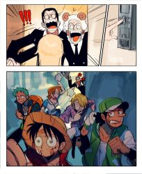  ! !! 2girls 6+boys alternate_costume anger_vein backpack bag bandaid bandaid_on_cheek bandaid_on_face bandaid_on_forehead baseball_cap bell_ringing black_hair black_jacket black_necktie black_pants blonde_hair captain_kuro closed_mouth clothes_around_waist emphasis_lines green_hair green_jacket haramaki hat highres hood hood_down hoodie jacket jacket_around_waist kaya_(one_piece) ki2ri5 long_hair long_nose long_sleeves looking_at_another merry_(one_piece) monkey_d._luffy multiple_boys multiple_girls nami_(one_piece) necktie one_piece open_mouth orange_hair pants pink_shirt puckered_lips puff_of_air red_hoodie ring_bell roronoa_zoro running sanji_(one_piece) shirt short_hair short_sleeves smile straw_hat straw_hat_pirates twitter_username usopp white_shirt 