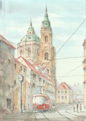  architecture building clock commentary_request czech_republic european_architecture highres original overhead_line painting_(medium) pantograph paruperu people prague road scenery slice_of_life spire street streetcar tower traditional_media urban very_wide_shot watercolor_(medium) 