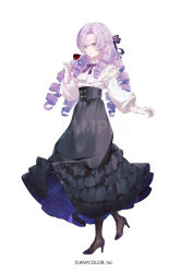  1girl achiki alcohol black_pantyhose black_shoes black_skirt braid commentary company_name copyright_notice cup drinking_glass frilled_skirt frills full_body gloves hair_down hair_ribbon half_up_braid high-waist_skirt high_heels highres holding holding_cup hyakumantenbara_salome long_hair long_sleeves looking_at_viewer neck_ribbon nijisanji official_alternate_costume official_art pantyhose parted_bangs puffy_sleeves purple_hair purple_ribbon purple_skirt ribbon sample_watermark shirt shoes simple_background skirt solo two-sided_fabric two-sided_skirt violet_eyes virtual_youtuber watermark white_background white_gloves white_shirt wine wine_glass 