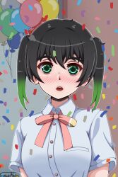  1girl ^^^ absurdres artist_name balloon black_hair blush collared_shirt commentary confetti english_commentary gradient_hair green_eyes green_hair hair_between_eyes highres looking_at_viewer love_live! love_live!_nijigasaki_high_school_idol_club medium_hair multicolored_hair nijigasaki_school_uniform open_mouth pink_ribbon ribbon school_uniform shirt takasaki_yu textless_version truffadeazalea twintails two-tone_hair upper_body white_shirt 