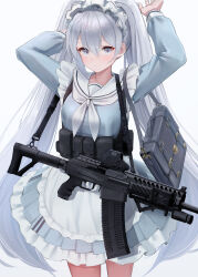  1girl absurdres apron arms_up bag blue_serafuku blue_shirt blue_skirt breasts chest_rig commentary_request cowboy_shot frilled_skirt frills grey_eyes grey_hair gun hair_between_eyes highres long_hair long_sleeves looking_at_viewer maid maid_headdress medium_breasts neckerchief original saiga-12 sailor_collar school_bag school_uniform serafuku shirt shotgun simple_background skirt solo sthk tactical_maid twintails unconventional_maid very_long_hair waist_apron weapon white_apron white_background white_neckerchief white_sailor_collar 