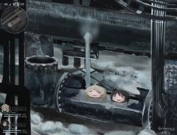  2girls ahoge bathing black_hair blonde_hair chito_(shoujo_shuumatsu_ryokou) closed_eyes commentary_request health_bar highres industrial_pipe long_hair minimap multiple_girls no_nose nude scene_reference shoujo_shuumatsu_ryokou snow steam twitter_username wanigumo yuuri_(shoujo_shuumatsu_ryokou) 