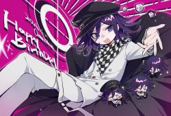  bandana bean_bag_chair belt birthday checkered_clothes chibi closed_eyes danganronpa_(series) danganronpa_v3:_killing_harmony dice happy_birthday hat highres oma_kokichi purple_hair sitting smile tears tujiang6 violet_eyes 