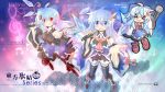  &gt;_&lt; :3 adult ahoge alternate_eye_color ascot black_legwear blue_eyes blue_hair blush boots bow breasts cirno detached_sleeves grin hair_bow hair_ornament highres large_breasts long_hair microphone multiple_persona open_mouth red_eyes skirt smile star thighhighs touhou wallpaper wings yurume_atsushi 