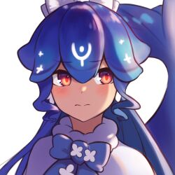  1girl averting_eyes bao_the_whale bao_the_whale_(winter) blue_tail blush cetacean_tail commentary dress fins fish_tail highres indie_virtual_youtuber red_eyes tail vinsycal virtual_youtuber whale_girl white_background white_dress 