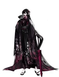  1boy :| androgynous belt black_belt black_coat black_eyes black_gloves black_hair black_hakama black_haori black_kimono burn_scar call_of_cthulhu closed_mouth closed_umbrella coat commentary_request empty_eyes expressionless floral_print floral_print_hakama flower folding_fan footwear_flower full_body gloves gradient_clothes gradient_coat grey_sash hair_flower hair_ornament hair_over_one_eye hakama hand_fan hand_up haori highres holding holding_fan holding_umbrella japanese_clothes kimono lace long_coat long_hair long_sleeves looking_at_viewer low_ponytail male_focus oil-paper_umbrella one_eye_covered ponytail print_hakama print_haori red_coat red_flower red_haori red_umbrella sandals sash scar scar_on_arm see-through_clothes see-through_veil shiki_okuri simple_background socks solo spider_lily standing syaaaaneeeyona tabi umbrella veil very_long_hair waist_sash wallet_chain white_background white_socks white_veil wide_sleeves zouri 