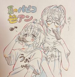  2girls adjusting_collar ahoge alternate_costume ange_katrina blush_stickers closed_eyes closed_mouth clothes_writing commentary_request crossed_bangs earrings eating fang fang_out food glasses graphite_(medium) greyscale hair_between_eyes hair_intakes hair_ornament hairclip hand_up height_difference highres holding holding_food hot jewelry mandragora_(ange_katrina) medium_hair mole mole_under_eye monochrome mouth_hold multicolored_text multiple_girls musical_note nijisanji noharano paper_texture papico_(ice_cream) ponytail round_eyewear sasaki_saku sasaki_saku_(1st_costume) shirt short_ponytail short_sleeves shoulder_blush sidelocks simple_background single_bare_shoulder single_off_shoulder smile spot_color sweat t-shirt traditional_media translation_request virtual_youtuber 
