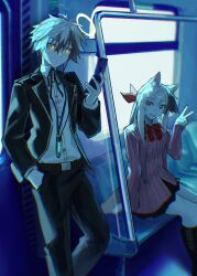  1boy 1girl :d absurdres adnachiel_(arknights) alternate_costume animal_ears arknights black_boots black_pants black_ribbon blonde_hair blue_theme boots brown_streaks cardigan_(arknights) cellphone collared_shirt dog_ears dog_girl dress dress_shirt feet_out_of_frame flip_phone genieko halo hand_in_pocket hand_up highres holding holding_phone jacket lanyard looking_at_viewer multicolored_hair neck_ribbon open_clothes open_jacket open_mouth pants phone pink_dress ribbon shirt sitting smile standing streaked_hair suit_jacket suit_pants train_interior v violet_eyes white_hair white_shirt yellow_eyes 