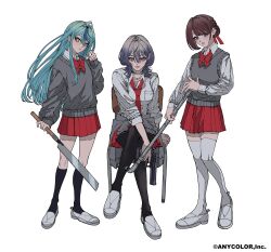  3girls ahoge alter_ego_(vocaloid) arm_support black_hair black_pantyhose black_socks blue_eyes blue_hair blue_streaks bow bowtie braid breasts brown_hair cardigan cardigan_around_waist chair clothes_around_waist collared_shirt commentary company_name copyright_notice crossed_legs delinquent full_body grey_sweater gun handgun highres holding holding_gun holding_weapon industrial_pipe kisara_(nijisanji) kneehighs lips long_hair long_sleeves looking_at_viewer medium_hair misejyuk mole mole_under_mouth multicolored_hair multiple_girls necktie nijisanji official_alternate_costume official_art on_chair pantyhose pleated_skirt red_bow red_bowtie red_necktie red_skirt school_chair school_uniform shiga_riko shirt shoes short_hair simple_background sitting skirt sleeves_rolled_up smile socks standing star_(symbol) star_in_eye streaked_hair sweater sweater_vest symbol_in_eye tamanoi_nana thigh-highs uwabaki virtual_youtuber weapon white_background white_shirt white_shoes white_thighhighs wolf_cut yellow_eyes 