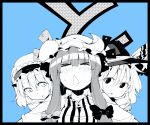  :o alice_margatroid blush bow bust capelet closed_eyes crescent eyes_closed hairband hat hat_bow hokuto_(scichil) kirisame_marisa long_hair monochrome multiple_girls patchouli_knowledge ribbon short_hair touhou witch witch_hat 