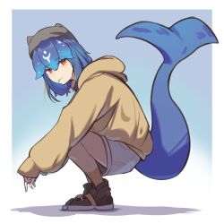  1girl absurdres bao_the_whale black_hat blue_hair blue_tail brown_shoes cetacean_tail fins fish_tail from_side hat highres hood hoodie indie_virtual_youtuber red_eyes shoes short_hair shorts simple_background solo squatting tail vinsycal virtual_youtuber whale_girl 