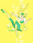  blonde_hair boots bottle bow bubble c.c._lemon c.c._lemon_(character) character_name dress food food_themed_clothes fruit green_eyes green_legwear hagiko hair_bow knee_boots lemon long_hair open_mouth pantyhose polka_dot polka_dot_legwear puffy_sleeves simple_background smile solo twintails yellow_background yellow_dress 