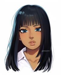 1girl artist_name black_hair blue_eyes blunt_bangs commentary english_commentary eyelashes gwenervi highres nico_robin one_piece parted_lips portrait shirt simple_background solo white_background white_shirt 