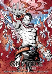  1boy abs belt commentary_request copyright_name cowboy_shot fire freckles jewelry looking_to_the_side male_focus necklace official_art one_piece one_piece_card_game pearl_necklace portgas_d._ace sakiko_(oxab_b) smile solo topless_male 