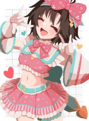  1girl :d \m/ ahoge antenna_hair belt black_hair blush bow bowtie brown_hair buckle closed_eyes commentary cowboy_shot crop_top cropped_shirt detached_sleeves double_\m/ double_fox_shadow_puppet fox_shadow_puppet frilled_skirt frills gloves grid_background hair_bow heart heart-shaped_buckle heart_hands highres idolmaster idolmaster_(classic) idolmaster_1 idolmaster_2 index_fingers_raised innig kikuchi_makoto midriff navel open_mouth pink_bow pink_bowtie pink_shirt pink_skirt red_bow red_skirt shirt short_hair skirt smile solo twitter_username untranslatable_commentary white_background white_sleeves wide_sleeves 