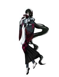  1boy apron argyle_clothes argyle_kimono bandaged_arm bandages bib_collar black_corset black_eyes black_gloves black_hair black_hakama black_kimono black_pants bow burn_scar call_of_cthulhu commentary_request corset covered_mouth covering_own_mouth crossdressing crossdressing_(mtf) earrings empty_eyes expressionless flower folding_fan frilled_apron frilled_sleeves frills from_side full_body gloves hair_flower hair_ornament hair_over_one_eye hakama hand_fan hand_up highres holding holding_fan japanese_clothes jewelry juliet_sleeves kimono long_hair long_sleeves looking_at_viewer low_ponytail maid maid_apron maid_headdress male_focus male_maid one_eye_covered pants ponytail print_kimono profile puffy_sleeves red_bow red_flower red_kimono red_sleeves sandals scar scar_on_arm shiki_okuri sidelocks sideways_glance simple_background sleeve_bow socks solo spider_lily syaaaaneeeyona tabi tassel tassel_earrings trap two-tone_kimono very_long_hair wa_maid white_apron white_background white_socks wide_sleeves zouri 