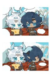  1girl 2boys :o angert_(infinity_nikki) animal_skeleton bag belt belt_bag black_hair black_pants blank_speech_bubble blue_eyes blue_horns blue_scales blue_shirt blue_sky blue_tunic bolu_agnes braid braided_hair_rings brother_and_sister brown_bag brown_belt brown_corset brown_gloves brown_headband brown_ribbon brown_shrug chibi chinese_commentary circlet cloak clouds coat collared_shirt commentary_request corset cropped_shirt cross-laced_clothes cross-laced_top crossed_belts dark-skinned_male dark_skin day downturned_eyes dragon_boy dragon_girl dragon_horns dragon_tail dress faceless faceless_female faceless_male field flower flower_field ghost glint gloves greco-roman_clothes hair_between_eyes hair_over_shoulder hair_rings hand_on_own_cheek hand_on_own_face headband high_collar highres holding holding_tablet_pc hood hood_up hooded_cloak horn_ornament horn_ribbon horns horns_through_hood in-universe_location infinity_nikki long_dress long_hair long_sleeves looking_at_object low_ponytail male_focus medael_(infinity_nikki) meghill_(infinity_nikki) midriff multiple_boys nikki_(series) outdoors pants parksolian_(infinity_nikki) parted_bangs parted_lips pear-pal_(infinity_nikki) pointy_ears ponytail red_flower ribbon shirt short_hair_with_long_locks shrug_(clothing) siblings side_braid single_braid sky sleeveless sleeveless_coat speech_bubble standing tablet_pc tail textless_version tunic white_cloak white_coat white_dress white_hair white_shirt yellow_headband 