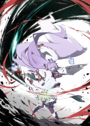  2girls absurdly_long_hair absurdres ahoge animal_ear_fluff animal_ears arm_guards blue_eyes commentary english_commentary fox_ears fox_girl fox_tail green_hair green_halo hair_intakes hair_ornament halo heterochromia highres hitodama holding holding_sword holding_weapon long_hair looking_at_viewer miniskirt mmhomm multiple_girls neck_ribbon open_mouth pom_pom_(clothes) pom_pom_hair_ornament purple_hair purple_tail red_ribbon red_skirt ribbon ribbon-trimmed_sleeves ribbon_trim shin_guards shirt skirt stellive sword tail tenko_shibuki tenko_shibuki_(1st_costume) two-tone_tail very_long_hair very_long_tail violet_eyes weapon white_ribbon white_shirt white_skirt white_tail wide_sleeves yellow_eyes yuzuha_riko yuzuha_riko_(1st_costume) 