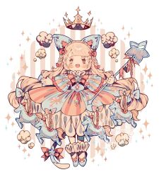 1girl animal_ears animal_ornament ankle_socks blue_eyes blue_horse blue_shoes blush bow bowtie braid brown_eyes carousel cat_ears cat_tail chain clouds corset cross-laced_clothes cross-laced_corset crown crown_braid dress fake_animal_ears fake_tail floating_crown floating_hair frilled_sleeves frills gold_chain gold_crown hair_bow heterochromia highres horse jester littlebluemuffin long_hair long_sleeves multi-tied_hair multicolored_dress multiple_hair_bows neck_ruff open_mouth original ribbon shoes side_braids smile snowflake_print socks star_(symbol) striped_background striped_clothes striped_dress symbol-shaped_pupils tail vertical-striped_clothes very_long_hair wand watermark white_background wide_sleeves 