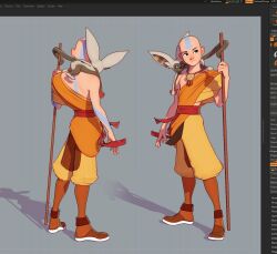  1boy 3d aang arrow_(symbol) arrow_tattoo art_program_in_frame avatar:_the_last_airbender avatar_legends bald brown_eyes capri_pants commentary dan_eder english_commentary full_body grey_background highres holding holding_staff holding_weapon jewelry leggings lemur light_smile momo_(avatar) multiple_views necklace orange_leggings orange_shoes pants shoes simple_background staff tattoo unfinished weapon yellow_pants 