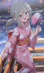  1girl blurry blurry_background blush bridge commentary fireworks floral_print grey_eyes grey_hair hair_between_eyes hair_ornament hairclip hand_fan highres holding holding_fan japanese_clothes kimono looking_at_viewer low_ponytail masamune_mino minowa_gin night obi open_mouth outdoors paper_fan pink_kimono ponytail print_kimono sash smile solo uchiwa washio_sumi_wa_yuusha_de_aru wide_sleeves yukata yuusha_de_aru 