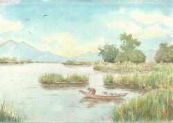  1boy bent_over blue_sky boat clouds commentary_request day fisherman fishing grass landscape mountainous_horizon nature on_boat original outdoors painting_(medium) paruperu peru reeds reflection reflective_liquid scenery simple_bird sky solo tall_grass traditional_media tree very_wide_shot watercolor_(medium) watercraft wetland 
